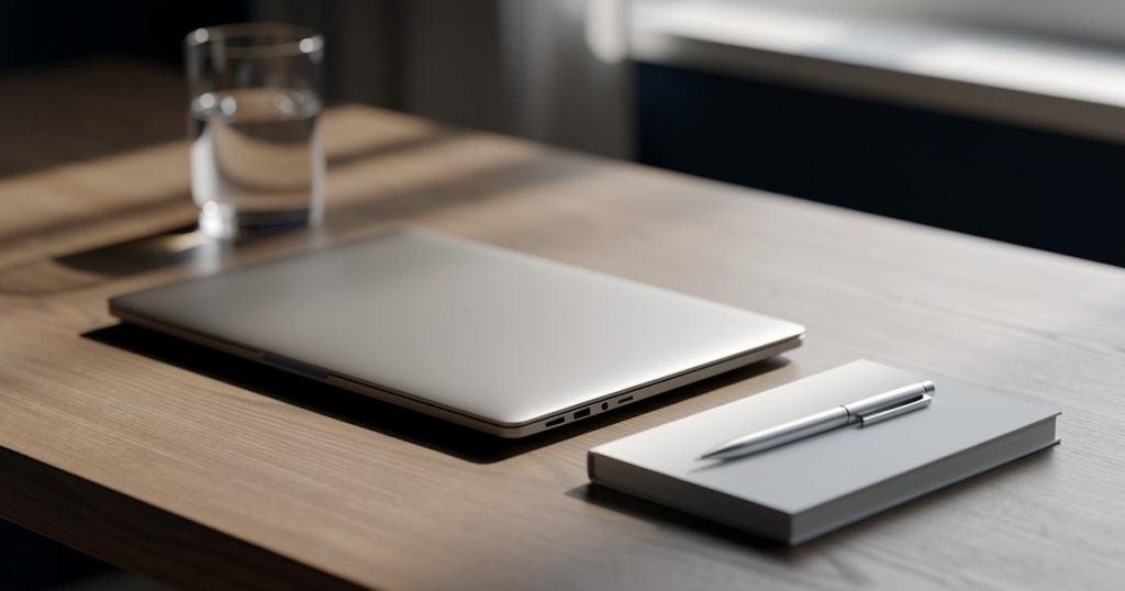A laptop, notepad, and pen on a wooden desk in soft natural light, representing veterans accessing VA health care online
