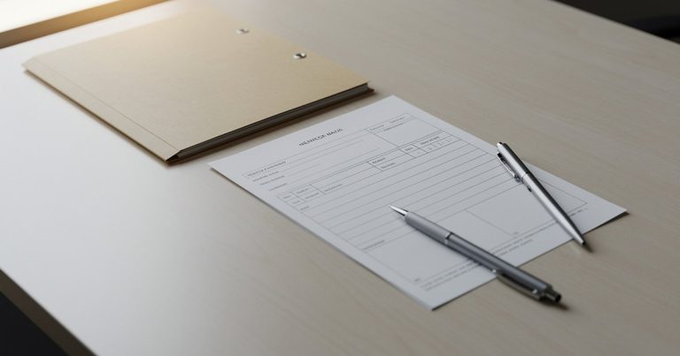 A manila folder, open form, and pen resting on a government office desk in muted warm light