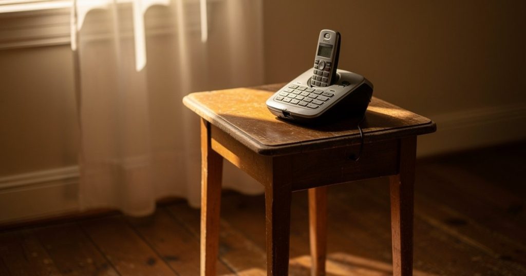 A cordless phone resting on a wooden side table beside a half-open window in early morning light